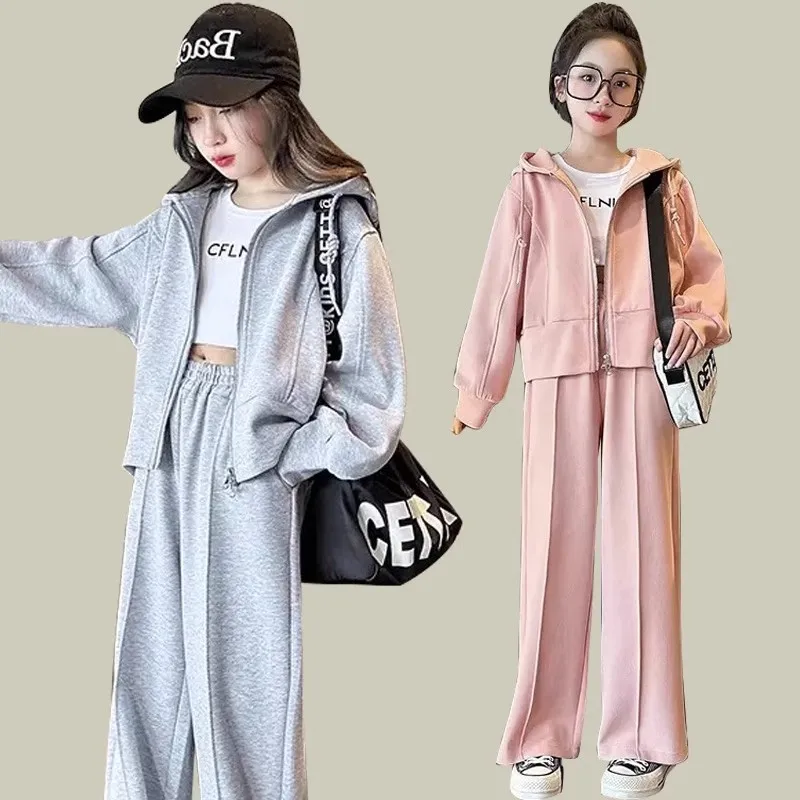 

Spring Autumn Girls Plain Double Zip Workout Sweatshirt Jacket+Sweatpant School Kids 2PCS Tracksuit Child Jogger Outfit 5-16 Yrs