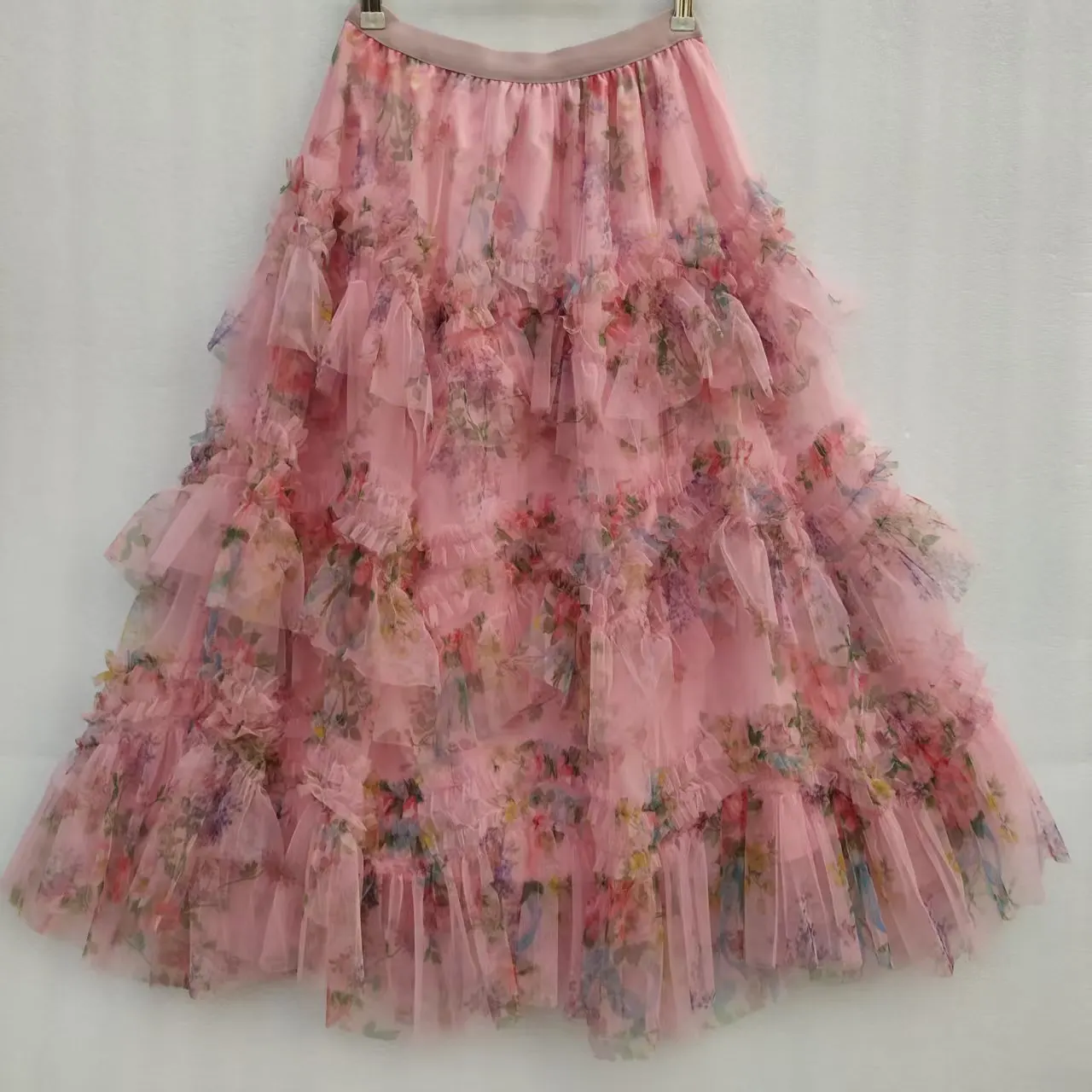 2025, neuer schwerer Handwerks-Patchwork-Blumen-Mesh-Rock für Damen, Midi-Kuchen-Druck, A-Linie, schlankmachend, elegant, leicht, Damenmode