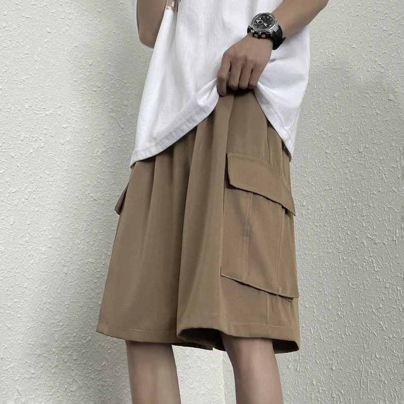 

Large Pockets Mens Shorts Wide Leg Cargo Capri Pants Summer Casual Fashion Brand Harajuku Solid Male Short Trousers