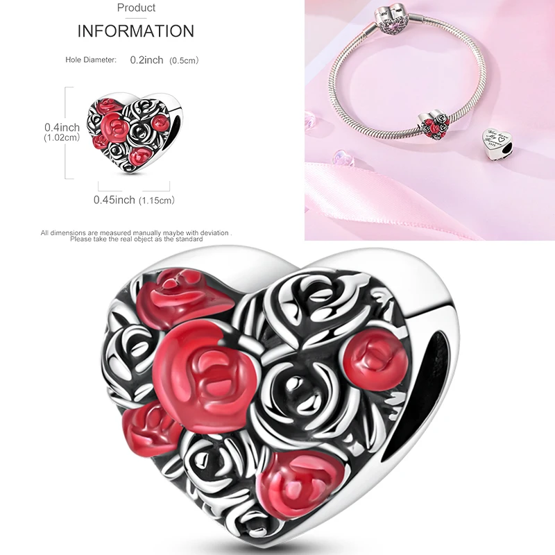 925 Sterling Silber Liebesherz Paar Familie Rose Motorrad Charm-Perlen DIY Armband Halskette Jubiläumsgeschenk für Frauen – Detail 19