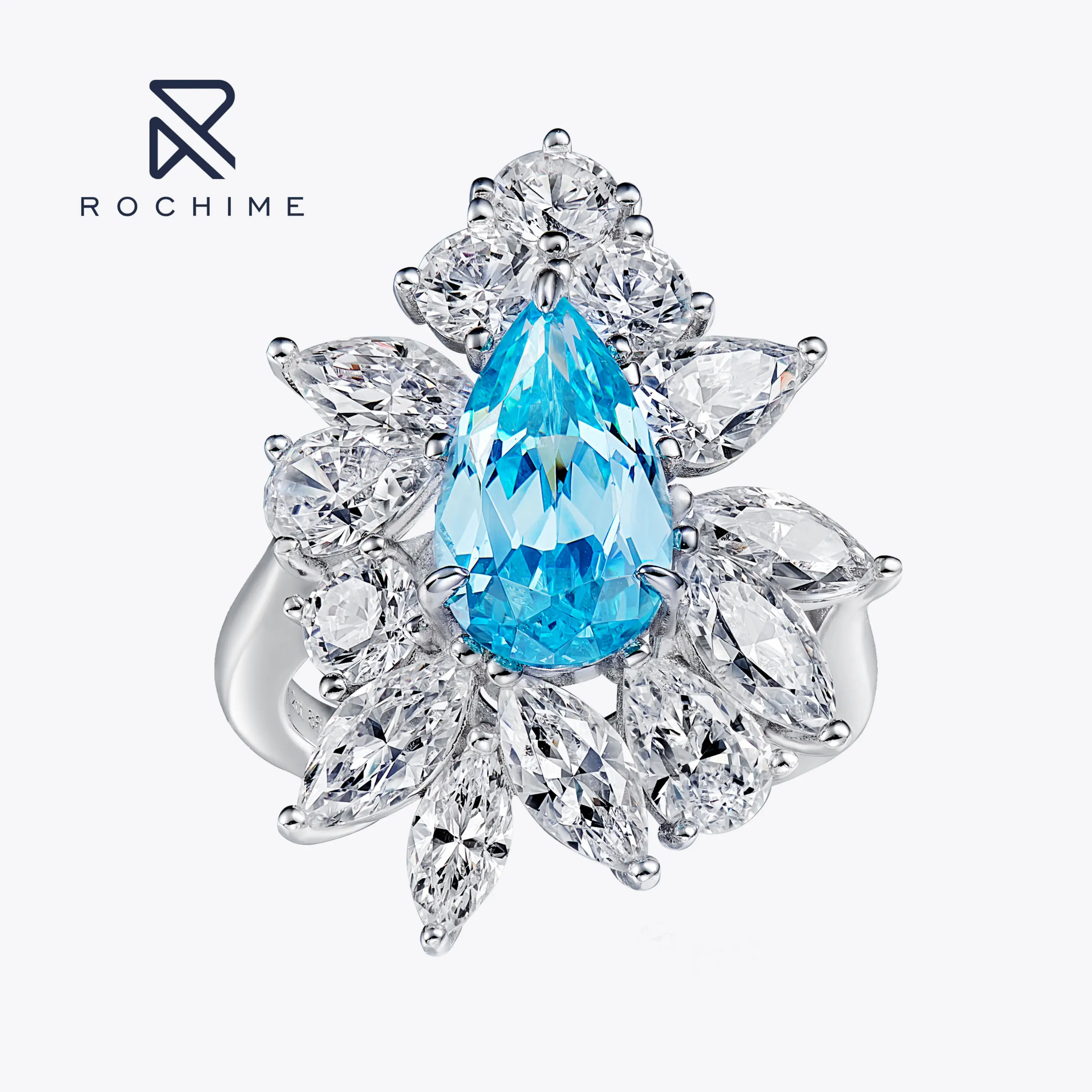 Rochime Fashion Jewelry Luxury Aquamarine Rings 925 Sterling Silver Gold Plated Luxury Fine Jewelry Zircon Ring For Women