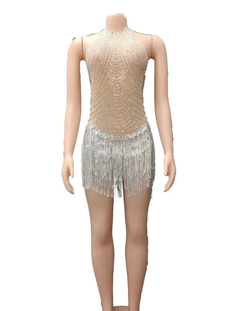 

New Sparkly Rhinestones Mesh See Through Tassel Bodysuit For Women