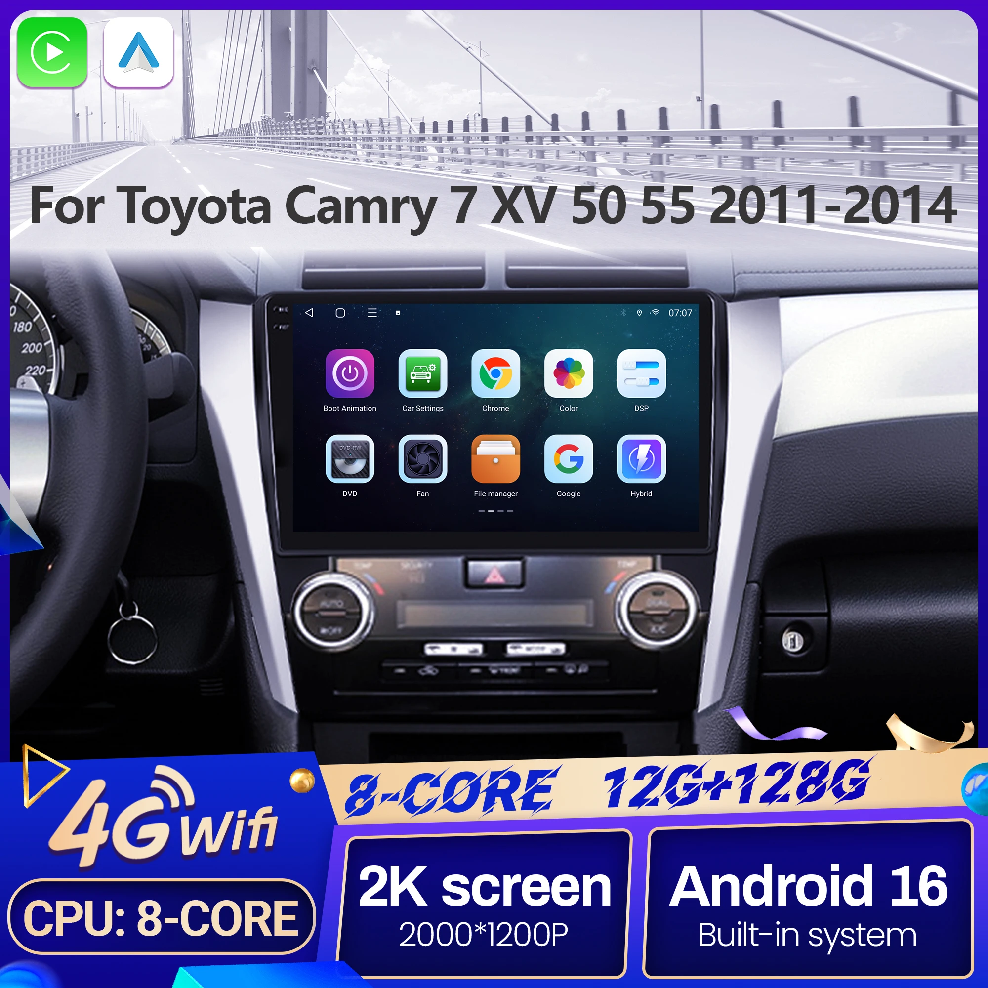 Radio Multimedia para Auto de 10 Pulgadas para Toyota Camry 7 XV 50 55 2011-2014, Sistema Android 16, BT, Carplay, Android Auto, Pantalla 2K, GPS, WIFI 5G