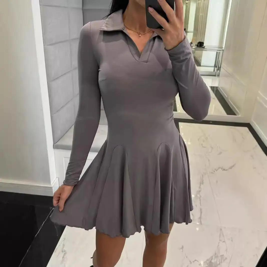 Faionable Pure Color Belted ort Skirt Long Sve Turn-down Collar Dr Women's Ele Polyester Busin Dr