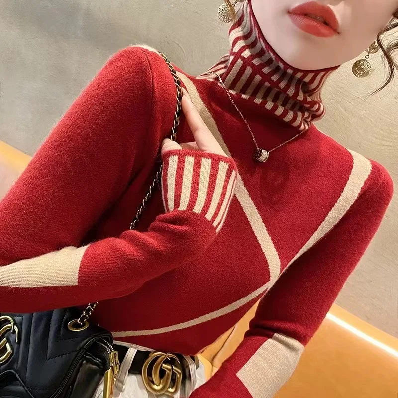 Women's Clothing Fashion All-match Turtleneck Long Sleeve Sweaters Autumn Winter Elegant Chic Slim Knit Pullovers Lady Y2k Tops