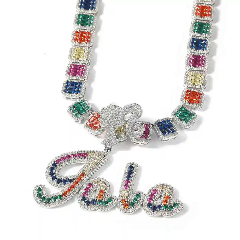 

TBTK Custom Name Necklace Brush Script Rainbow Bubble Letter Iced Out Colorful CZ NamePlate Pendant BaguetteChain Hiphop Jewelry