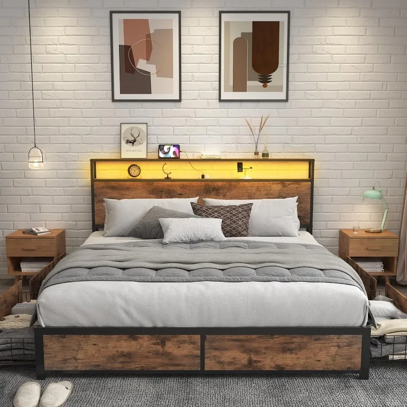 Queen Bed Frame with 2-Tier Storage Headboard, Metal Platform 4 Drawers, Built in Charging Station & LED, Noise-Free/Metal