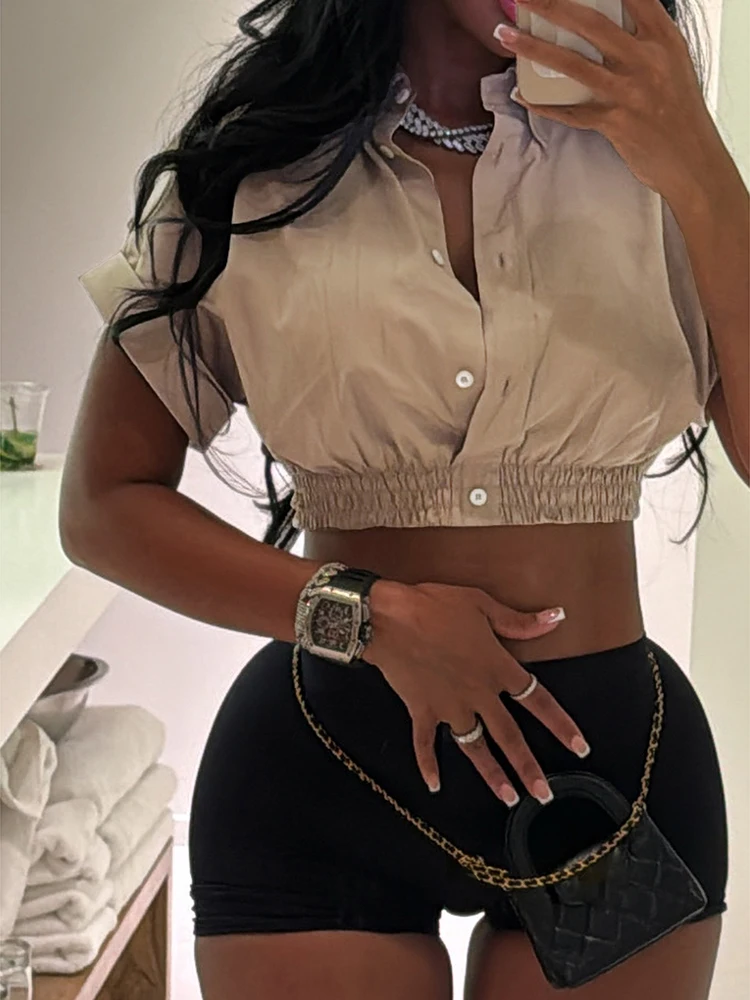 Kliou verão hipster feminino 2 peça conjunto clássico nova lapela elástica único breasted nu midriff topos + magro sólido shorts streetwear
