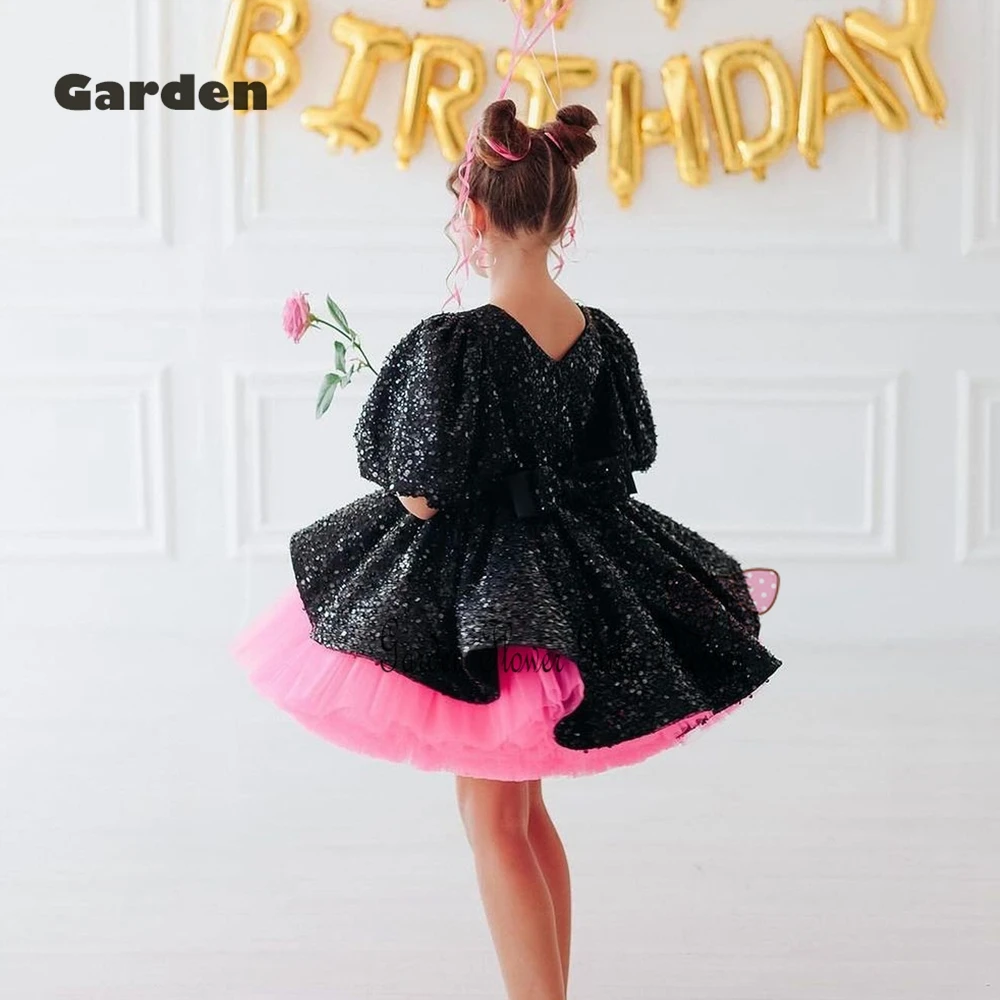 Black Pink Flower Girls Dresses with Sequined New Summer 2025 New Knee Length Short Sleeve Christmas Gowns Summer زهرة فتاة ال