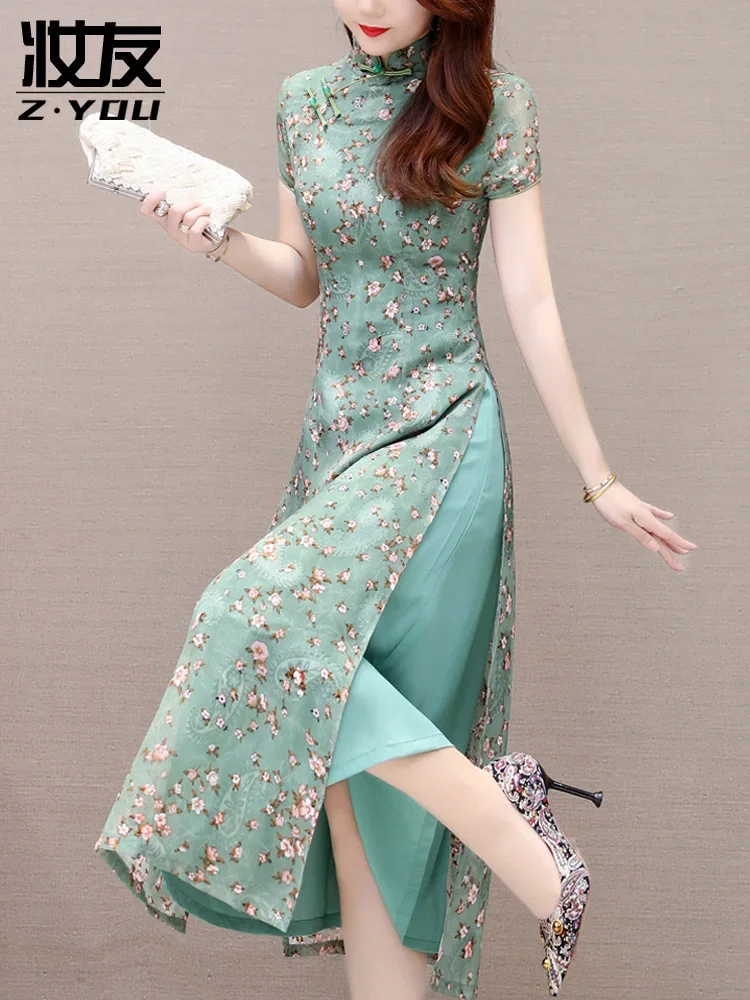 

Chinese style dress for women long summer new Short-sleeved dress ladies improved cheongsam dress mesh elegance Vestidos