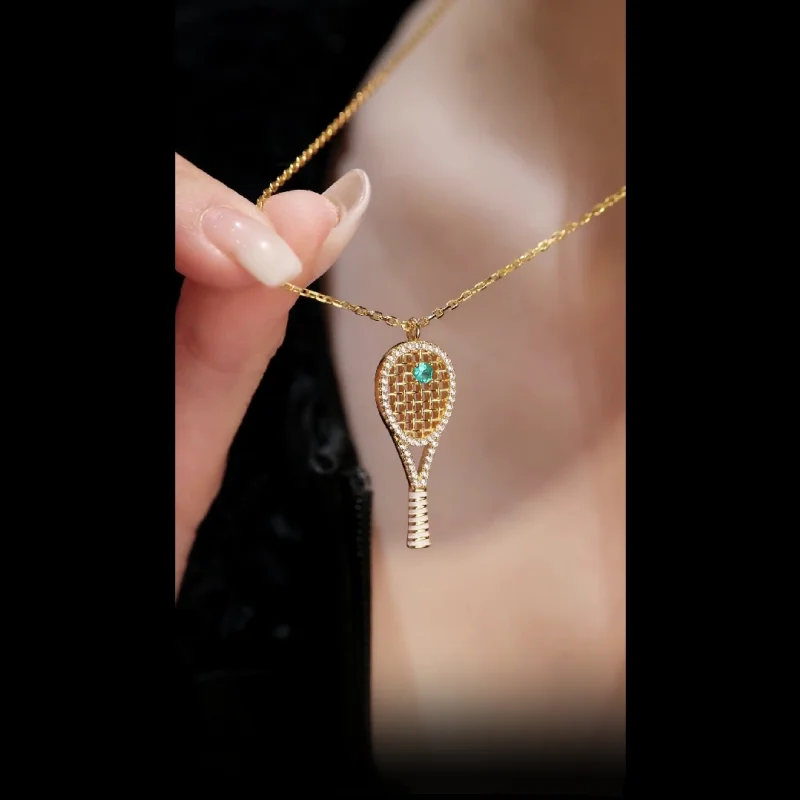 Bellux Pendant Chain 925 Silver Synthetic Zircon Yellow Gold Hollow out Tennis Racket Cute Design Necklace - view 3