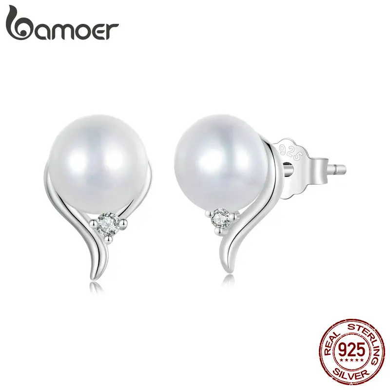 BAMOER 925 Sterling Silver AAA+ Cubic Zirconia Quality Handpicked Freshwater Cultured Stud Button Pearl Earrings