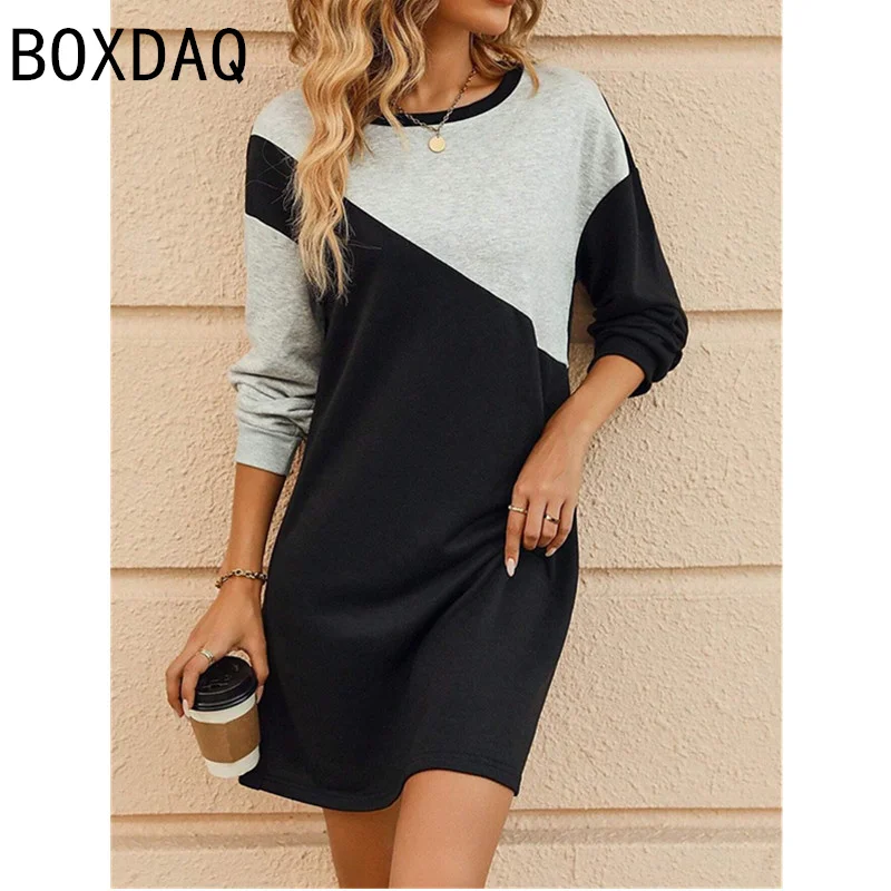 Ladies' Autumn Long Sleeve O-Neck Casual Dress 3D Geometric Color Block Splicing Printed Dress Fashion Street Personalized Dress