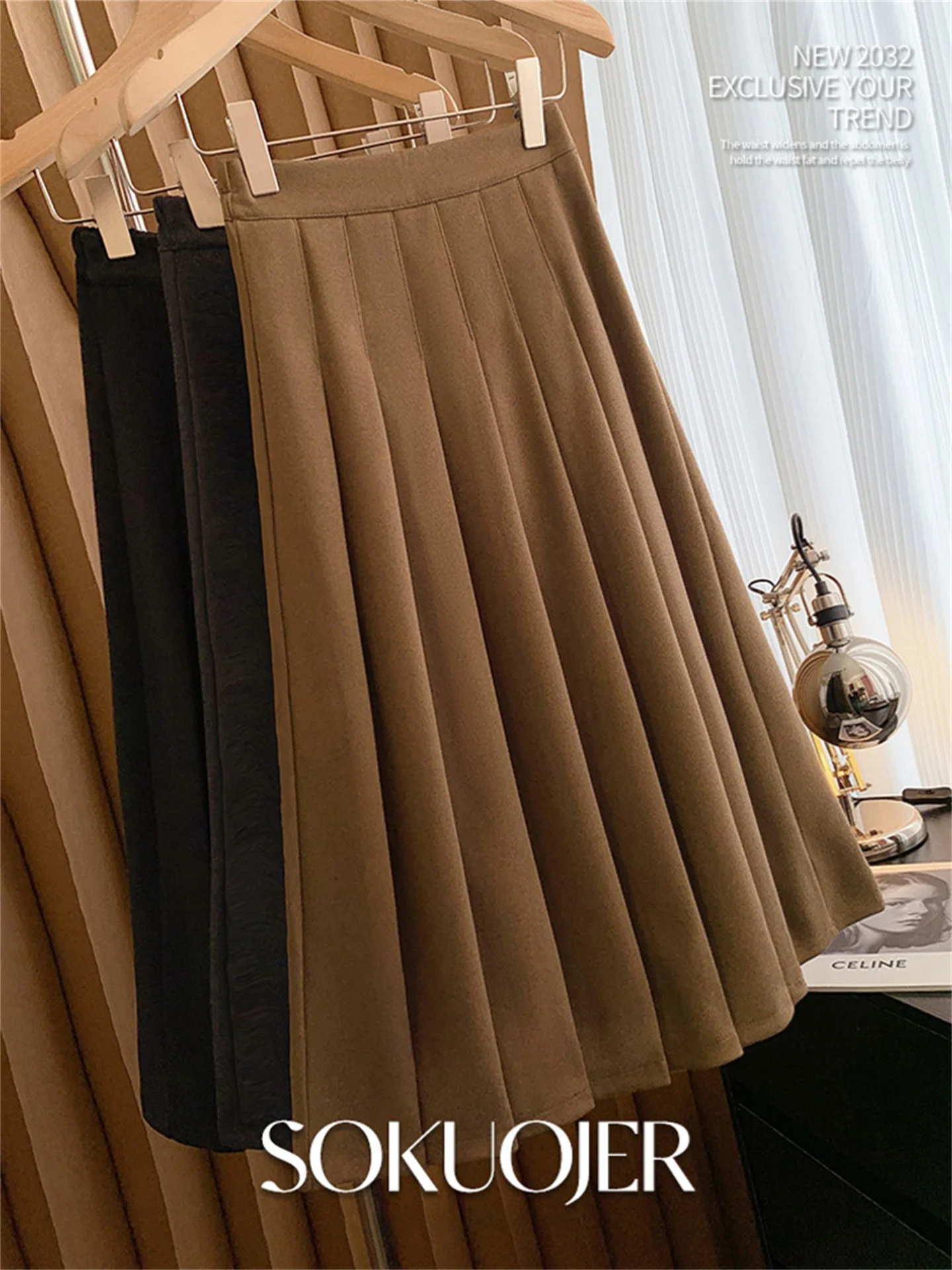 plus Size Grey Woolen Skirt Women's Thick High Waist A-Line Pleated  Midi Slimming Umbrella Skirt Casual Style