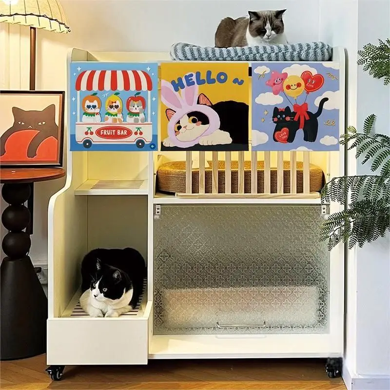 VIKAMA Cartoon Cat Hanging Curtain Linen Durable Cat Nest Shading Curtain Velcro Free Punching Short Curtain Home Decoration