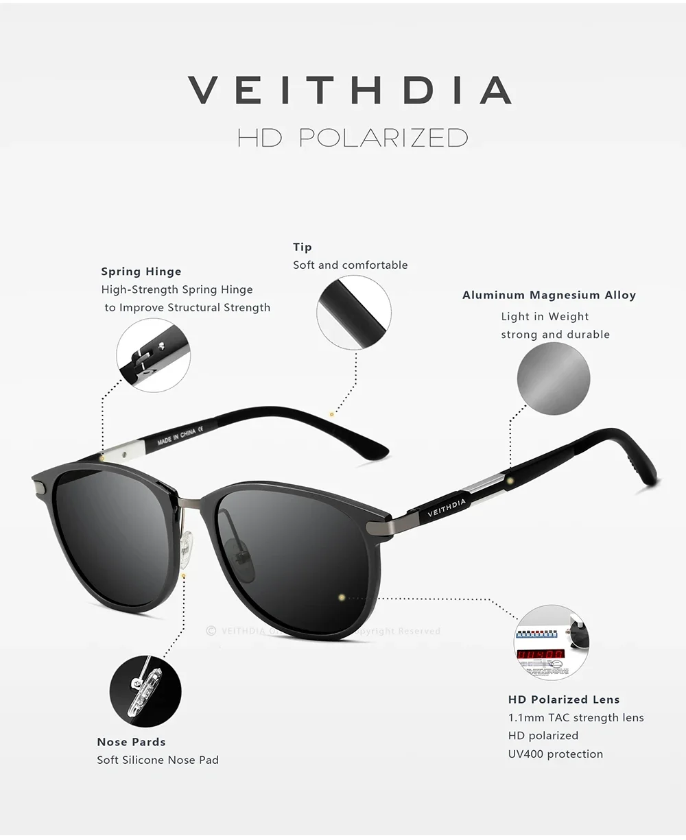 VEITHDIA Sonnenbrille Aluminium Magnesium Brillen Polarisierte Linse Vintage Brillen Männlich Fahren Sonnenbrille Für Männer/Frauen VT6680 – Detail 6