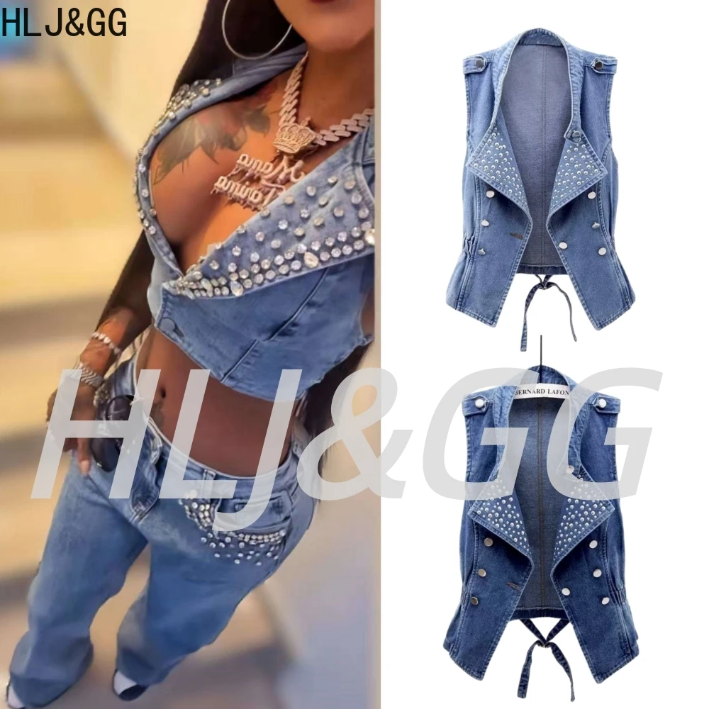 

HLJ&GG Blue Fashion Denim Rivet Double-breasted Sleeveless Coats Women Lapel Slim Cowboy Vest Autumn New Tops Streetwear 2025
