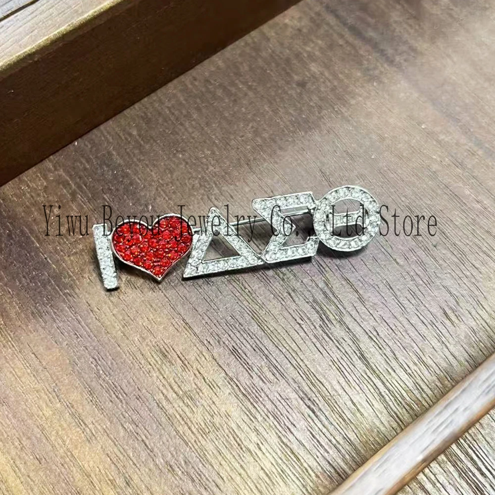 Greek Letter Delta Red & White Rhinestone Heart Brooch