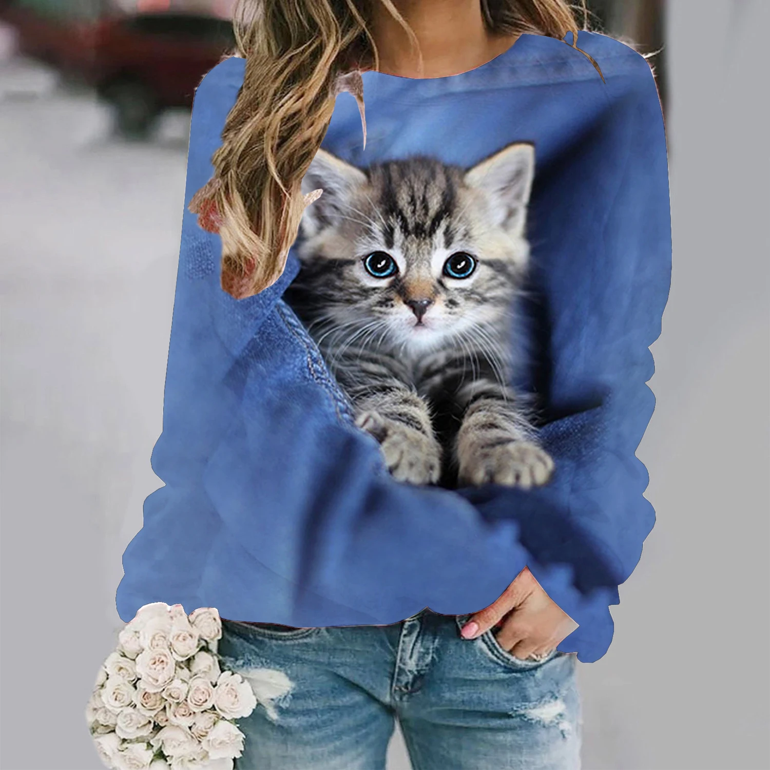 Cute Cat Sweatshirt Soft and Comfortable Long Sleeve Crew Neck Design for Casual Wear - Perfect for Ladies and Girls Wom