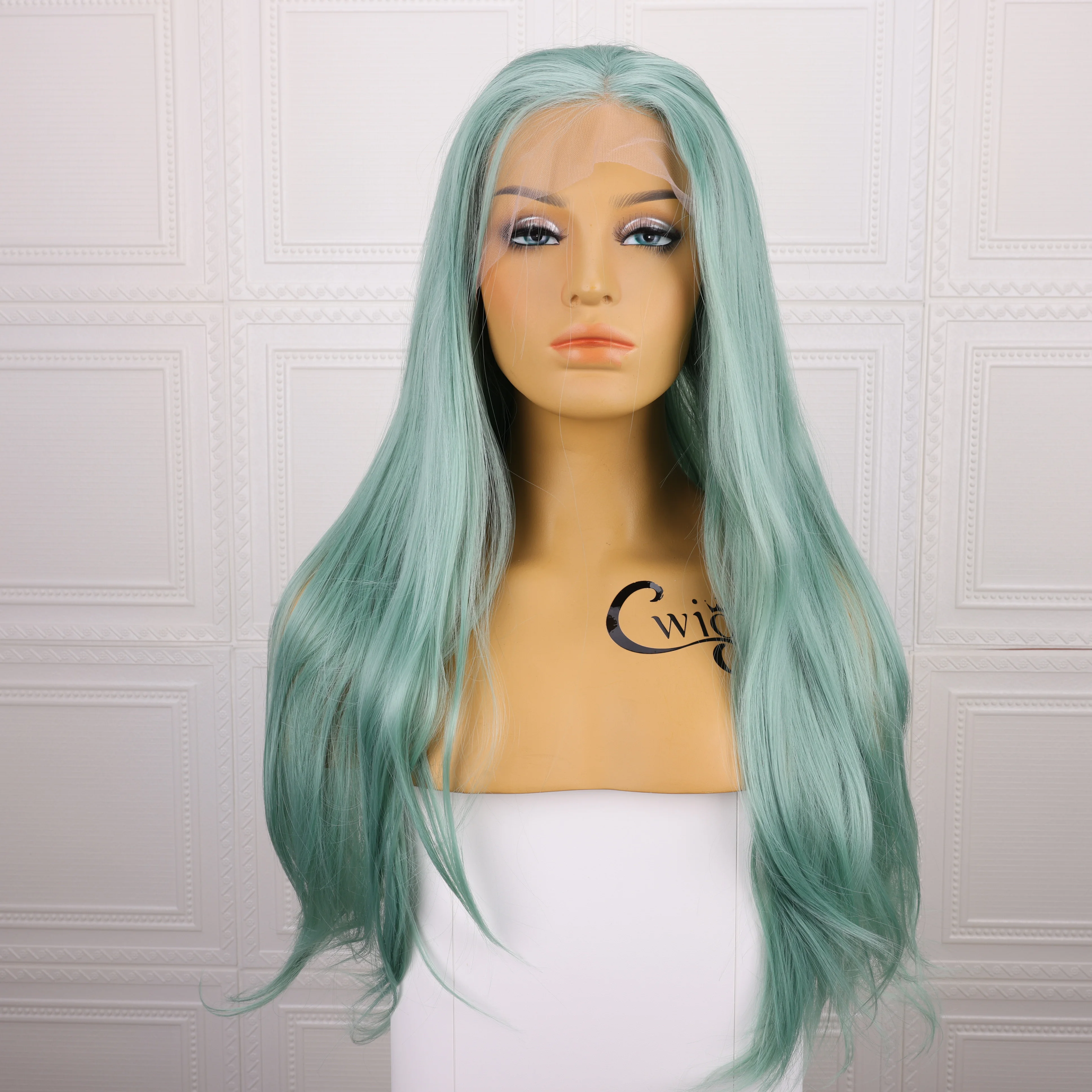 

Cyan-Green Synthetic Wig Cosplay Dating Party Long Straight Transparent Lace Wig Easy Maintenance Front Lace Net Cap Smooth