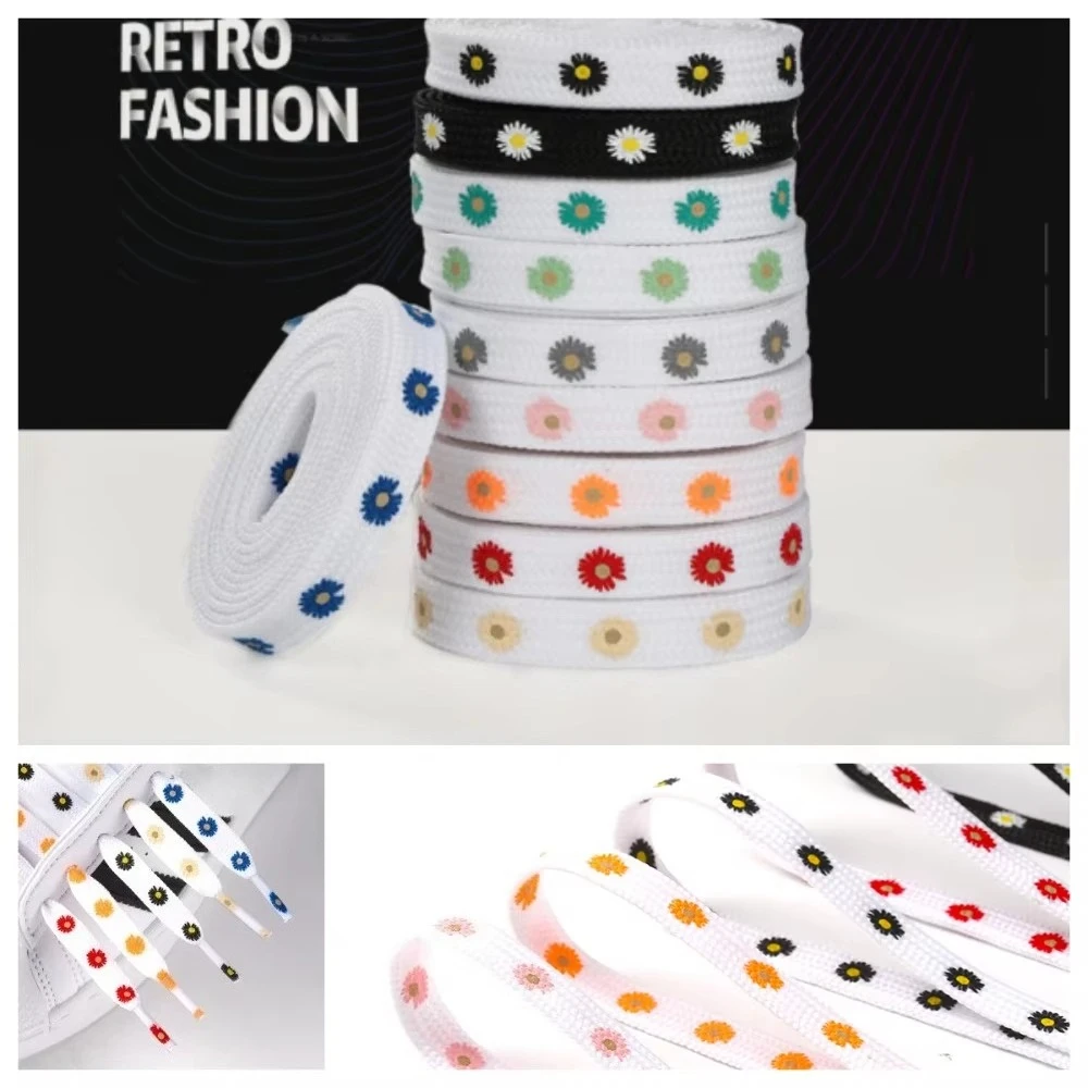 Multi Color Daisy Flower Printed 8mm Flat Cotton Shoelaces Replacement Laces For Women Men Casual Sneakers High Tops