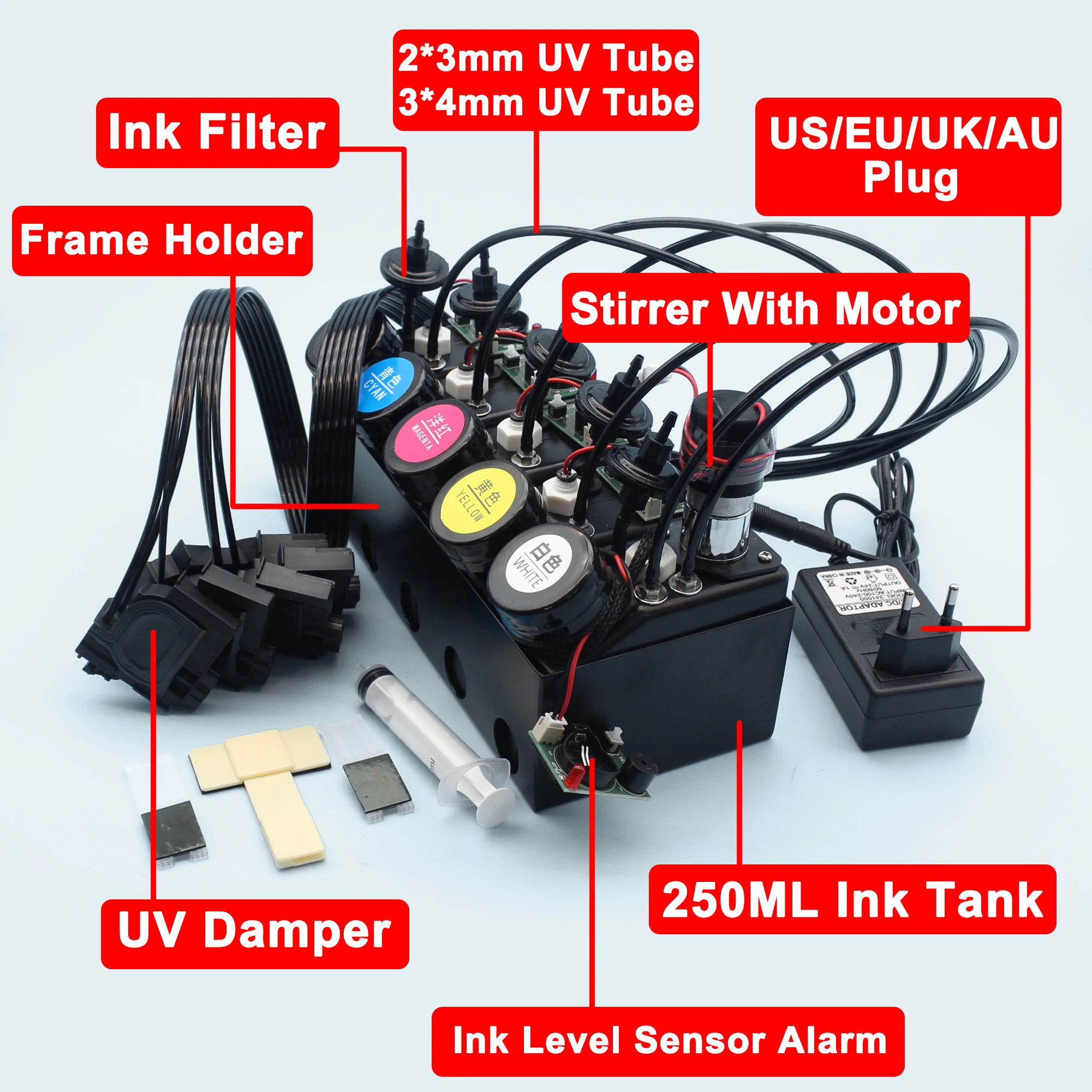 250ML UV White Ink CISS System With Damper For UV DTF L1800 Modify White Ink with Frame Holder Stirrer Ink Level Sensor Alarm