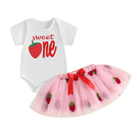 6-18months Baby Girl Strawberry First Birthday Outfit Letter Embroidery Short Sleeve Romper Bow Tulle Skirt 2 Pcs Set