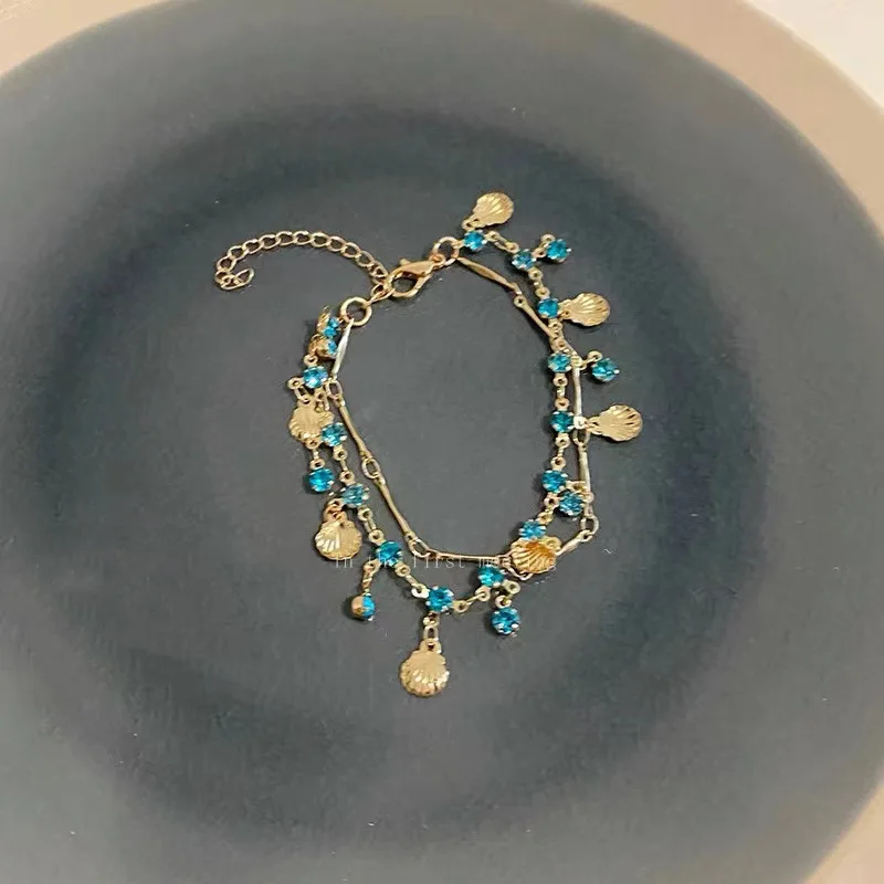 French Romantic Blue Crystal Shell Tassels Bracelet for Women Luxury Y2K Bling Bracelet Spice Girls  Exquisite Jewelry Gift