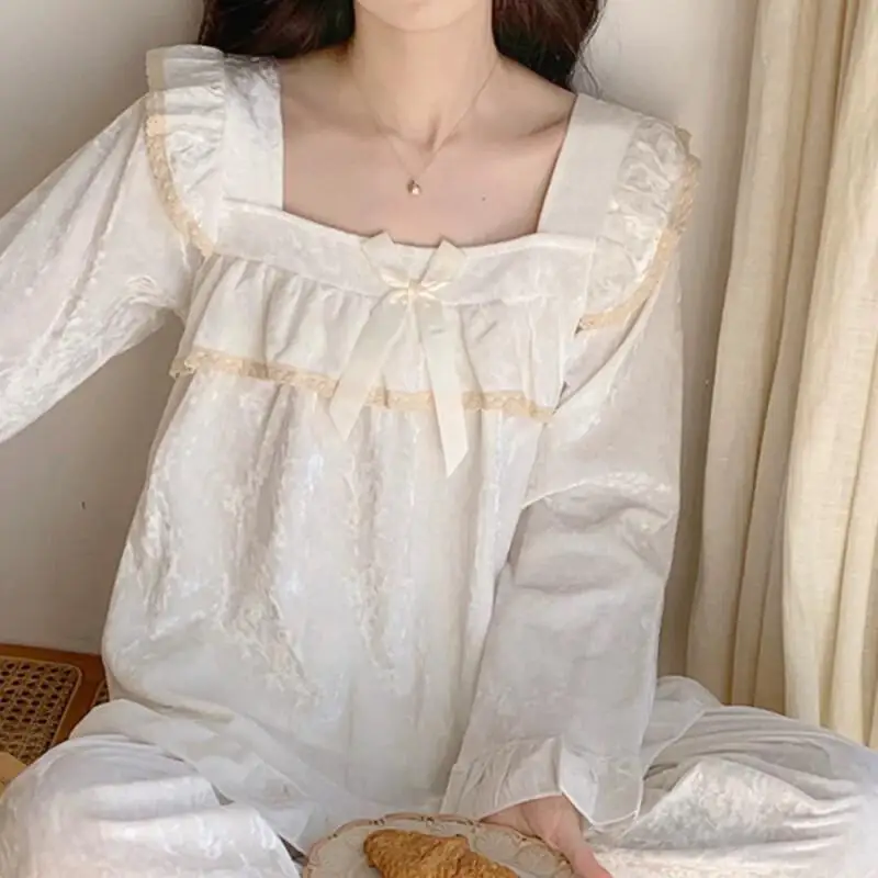 

Кавайный французский придворный стиль, осенне-зимний золотой бархатный кружевной бант, милая принцесса, длинные брюки с длинными рукавами, домашний костюм, новый стиль