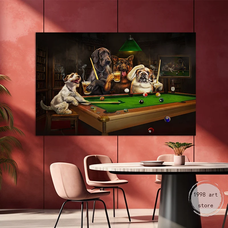 Funny Animal Dogs Playing Billiards Smoking Billiard Room Art Poster Canvas Painting Wall Prints Picture Living Room Home Decor