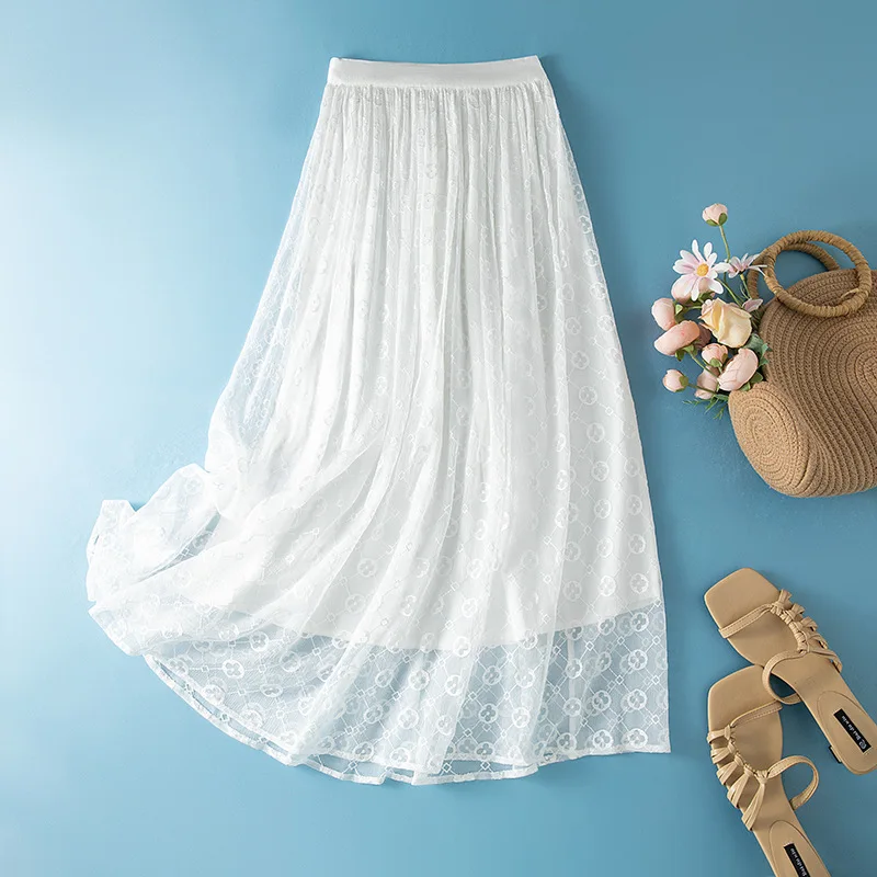 Winsleter-Women 100%Real Silk Elegant Skirts, Elastic Waist Embroidery, Beach Vacation Party Fairy Skirt, 2025 Summer B55537CC