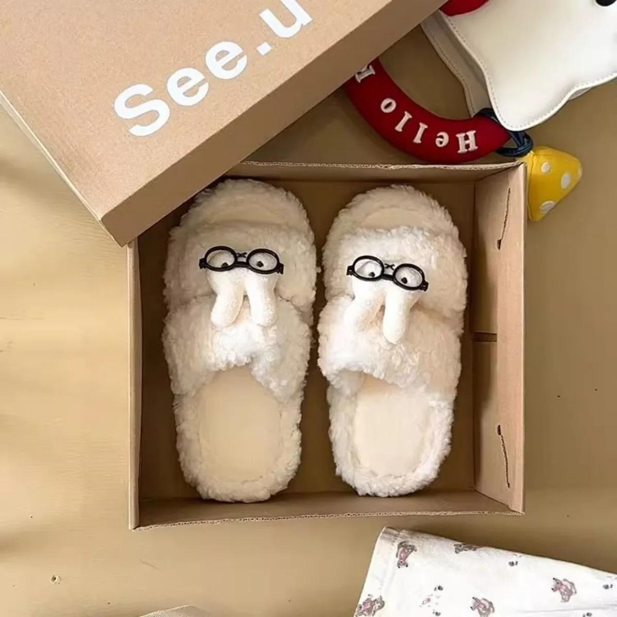 Cartoon Miffy Rabbit with Glasses Plush Women Slippers Autumn and Winter Dew Toe Thick Bottom Anti Slip Indoor Outdoor Home Shoe view 6