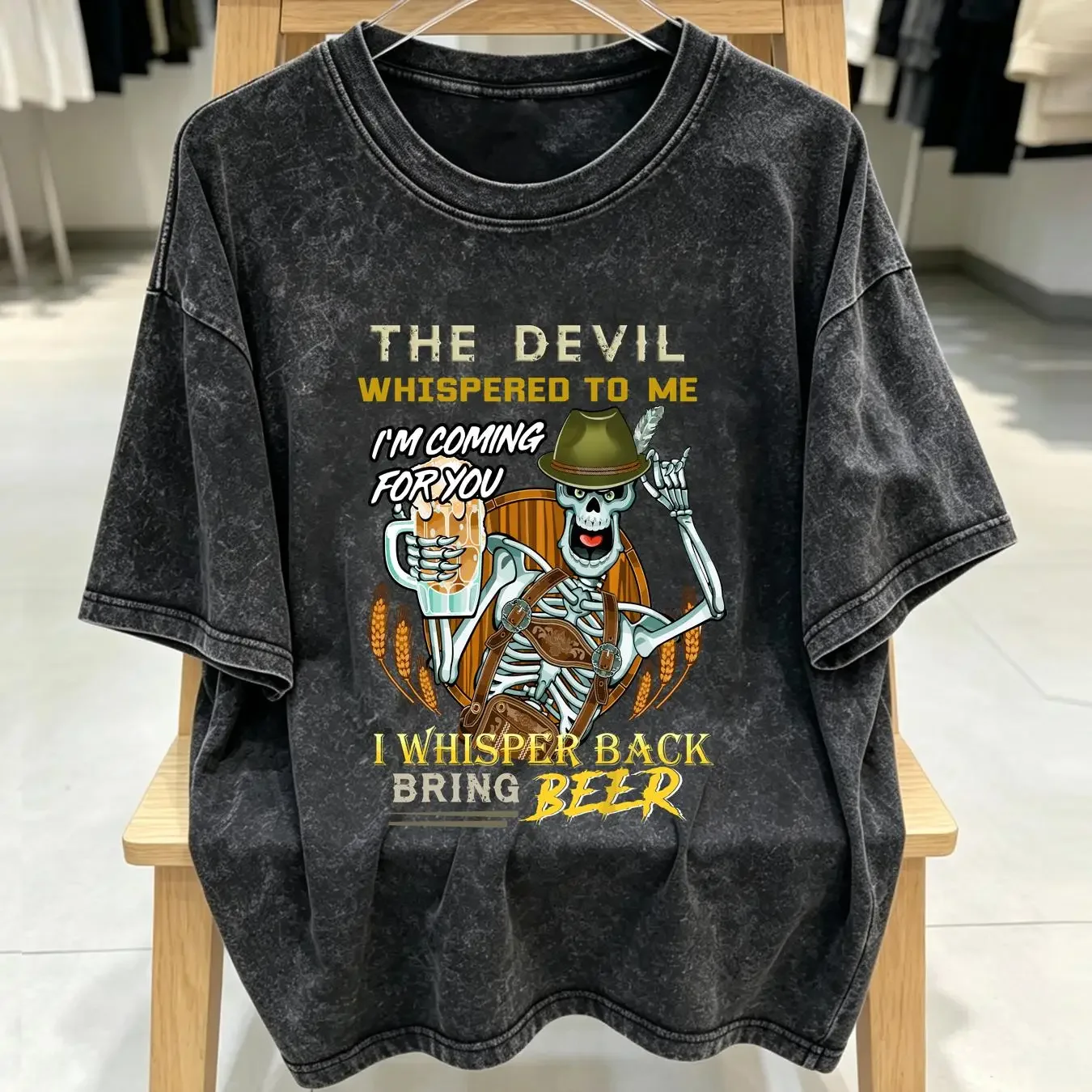 washed T Shirt Skeleton the devil whispered to me bring beer Size S 5XL long or short sleeves vintage Washed designer clothes