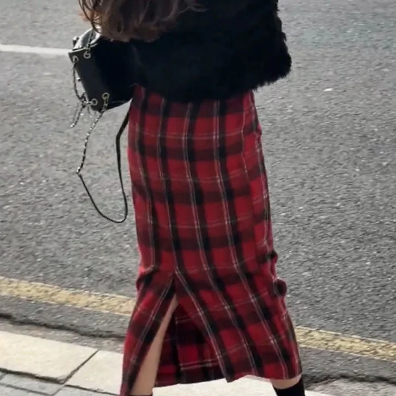 New Fashion Red Plaid Woolen Skirt Women High Waist Slim Split Pocket Autumn Winter Pencil Skirts Vintage Christmas Long Jupe