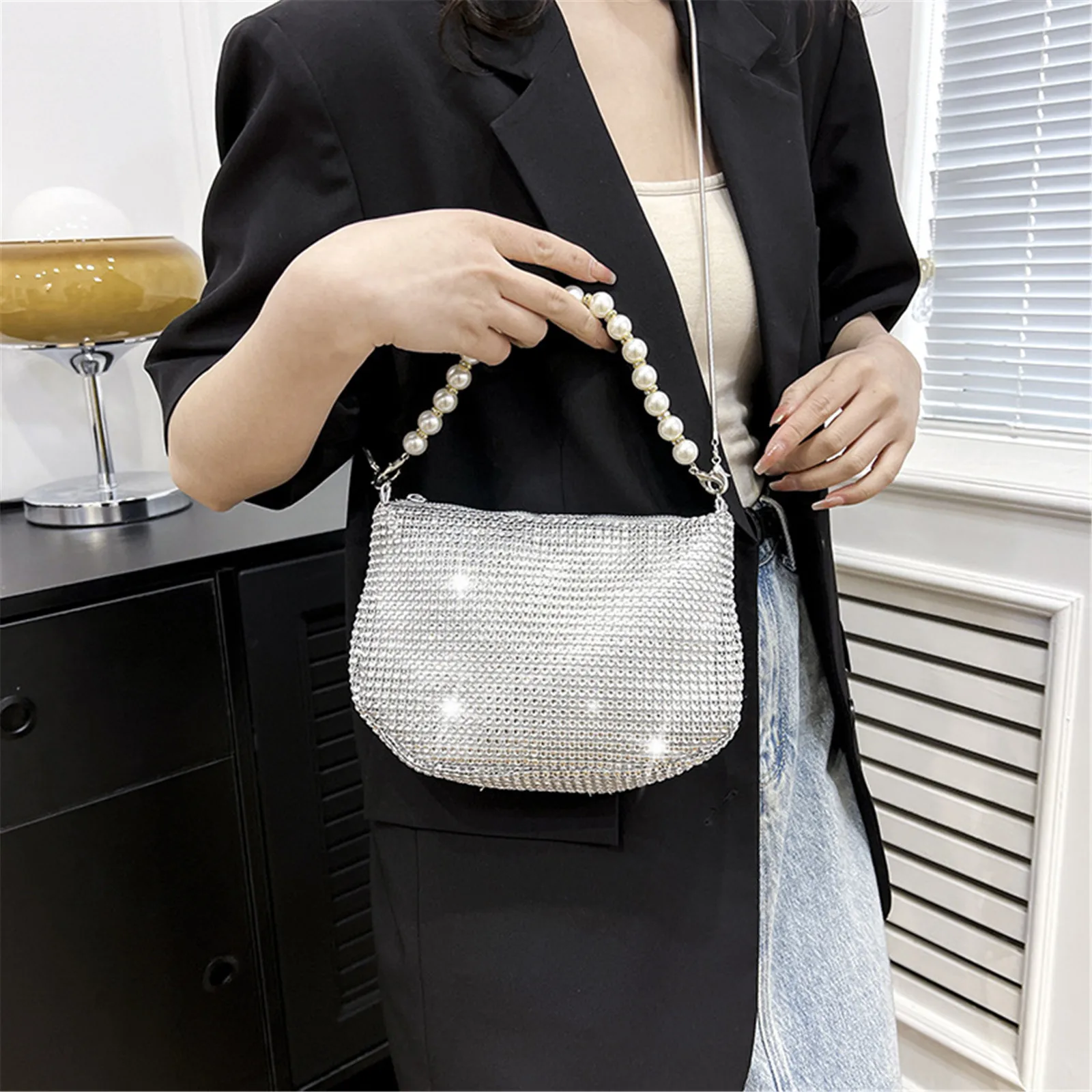 Elegante Strass Clutch Noite Para Mulheres, Bolsas Brilhantes, Bolsas de Ombro, Bolsa de axilas, Jantar, Casamento, Moda, 1Pc