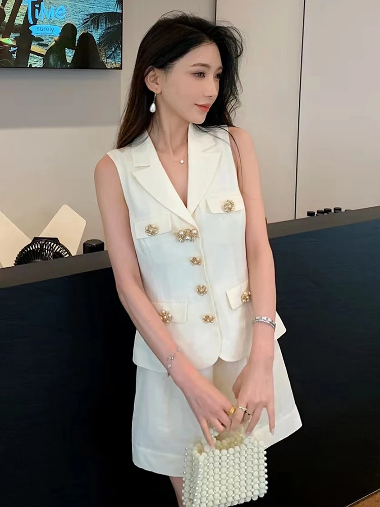 Summer New Fashion Temperament Set Women Linen Sleeveless Slim Tops or High Waist Shorts Ladies Suit 2024