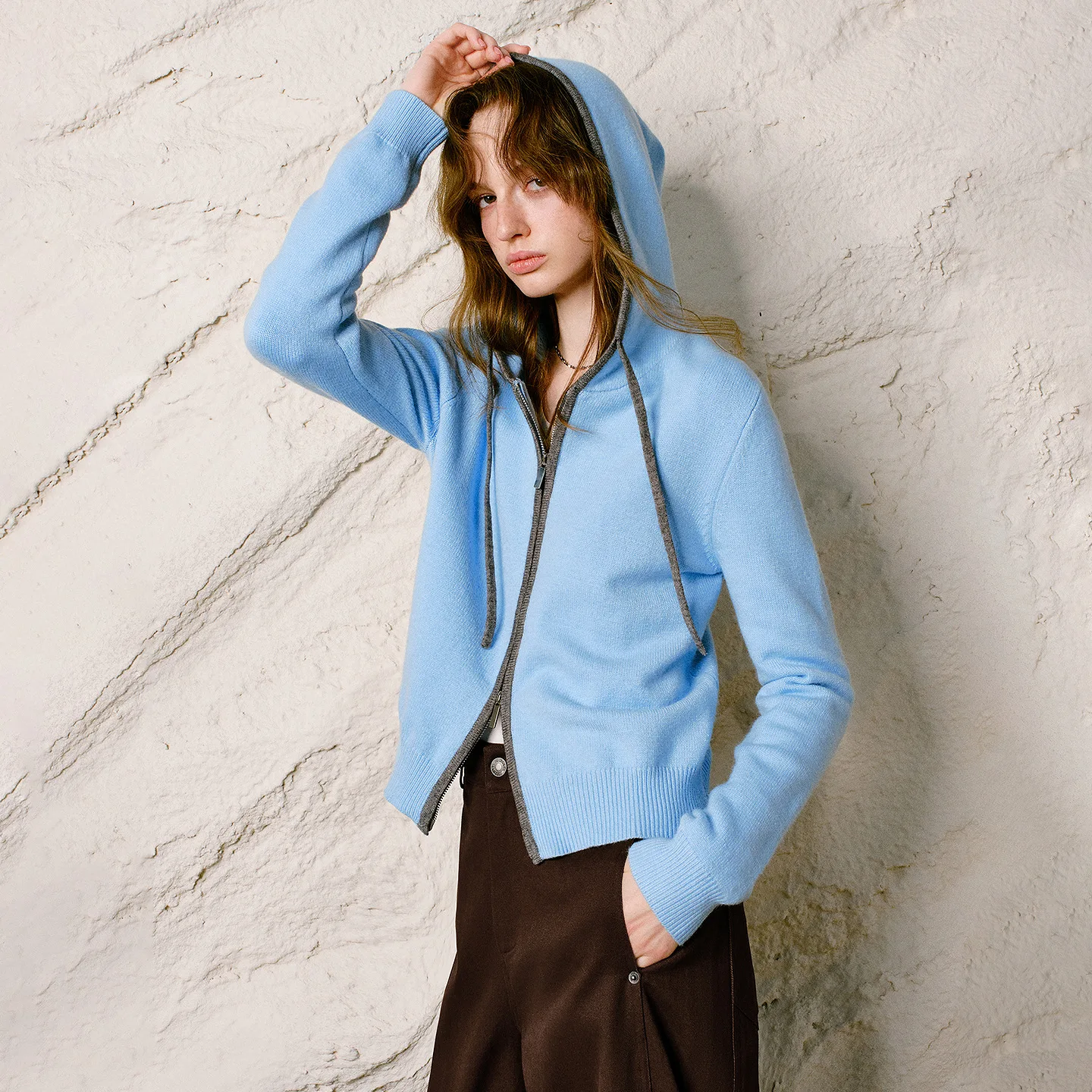 TOYOUTH Women Cardigan 2026 Winter New Contrast Drawstring Slim Fit Hooded Knit Outerwear
