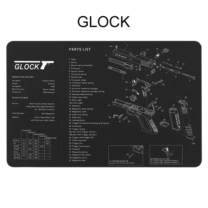 Gun Cleaning Mat with Part Diagram and Instructions Armorer Bench Mat Mouse Pad for Glock 1911 AR15 AK47 CZ75 Punisher P220 P320