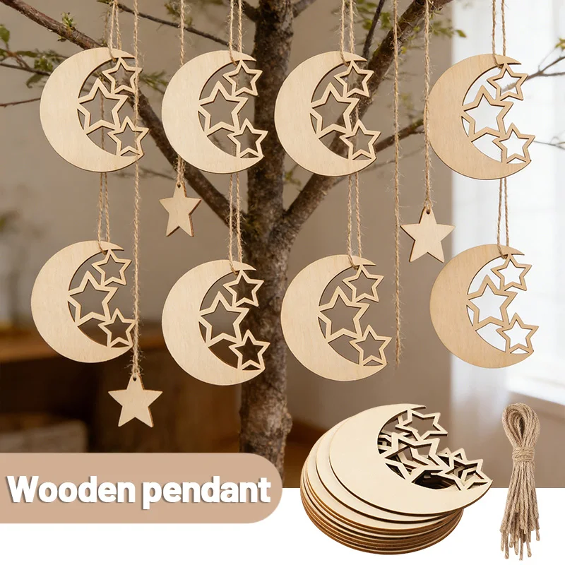 

10pcs Ramadan Kareem DIY Paintable Pendant EID Mubarak Moon Stars Wooden Chip With Hemp Rope Islam Muslim Home Decoration Gift