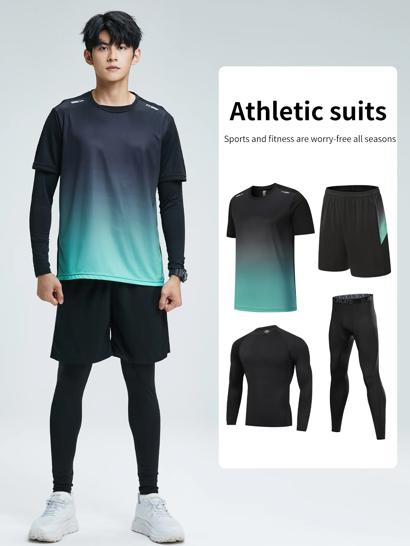 Sports four-piece high-elastic gradient T-shirt + sports shorts + leggings + long-sleeved tights, suitable for running and fitne