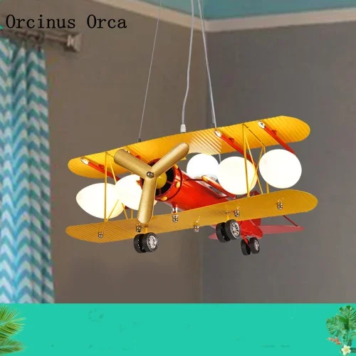 Art creativity yellow fighter chandelier boy bedroom children's room lamp cartoon lovely color airplane Chandelier