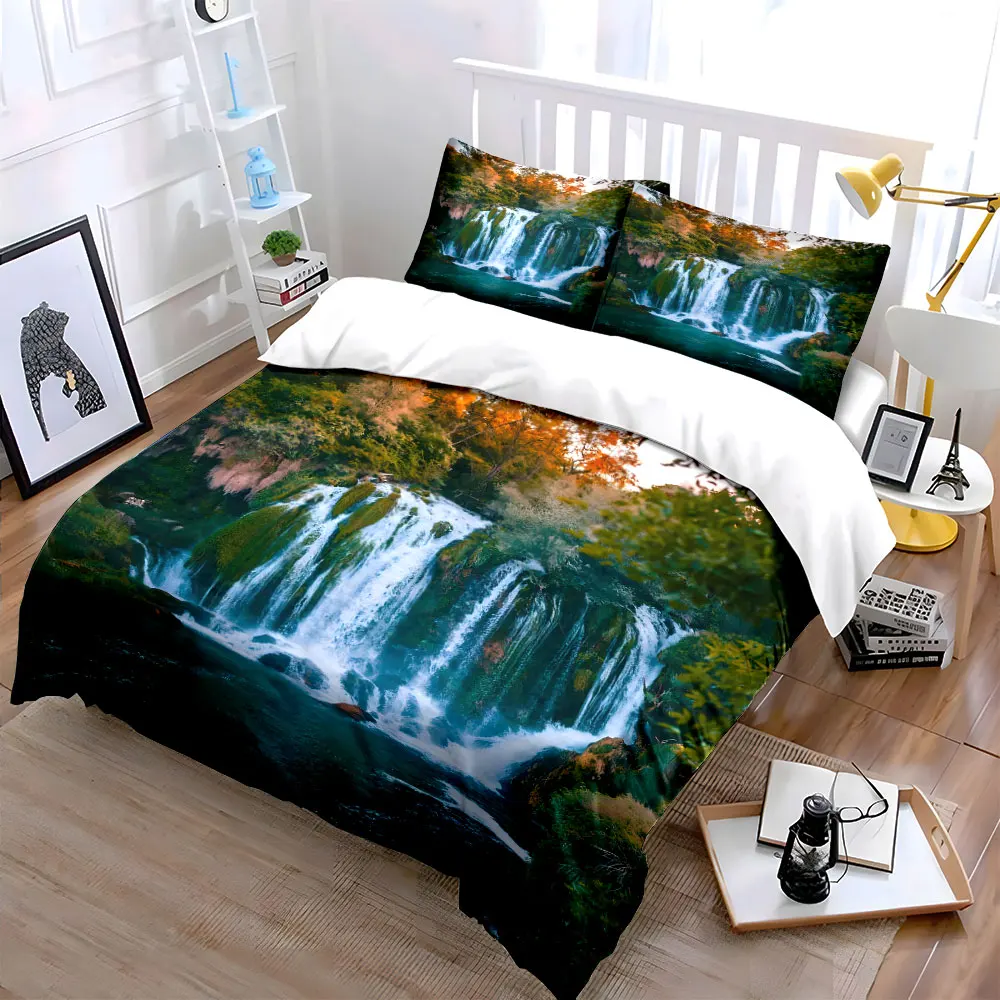 Waterfall with autumn forest scenery Bedding Set for Kids Luxury Gift 3pcs Digital Print Comforter Set Soft Comfortable