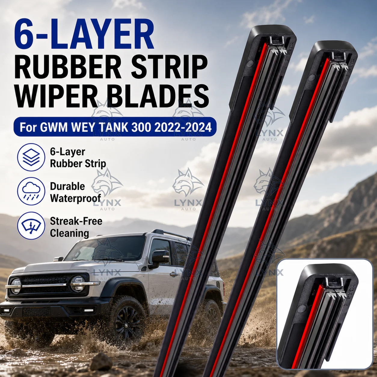 

2Pcs 6-Layer Rubber Strip Windshield Wiper Blade Front Replacement For GWM WEY TANK 300 2022-2024 Auto Parts