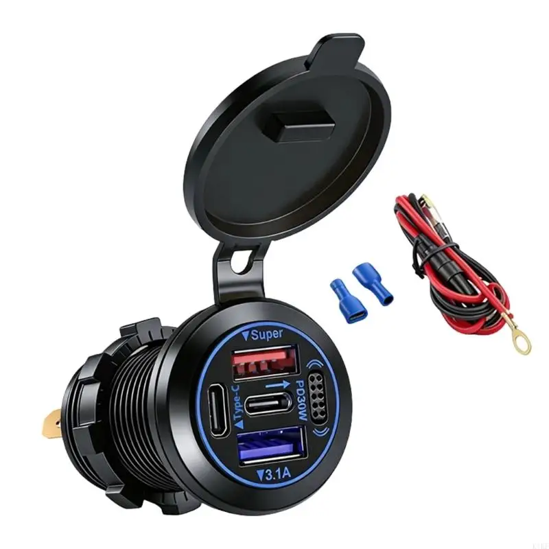 12V 24V 4 Port USB Car Chargers Fast PD Embedded Outlet With Switches Waterproof Cover For Auto Truck Motorcycle Boats K1KF