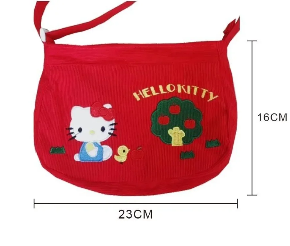 MBTI Hello Kitty Shoulder Bags for Women Vintage Red Cartoon Embroidery Corduroy Cute Crossbody Bag Niche Designer New Handbag