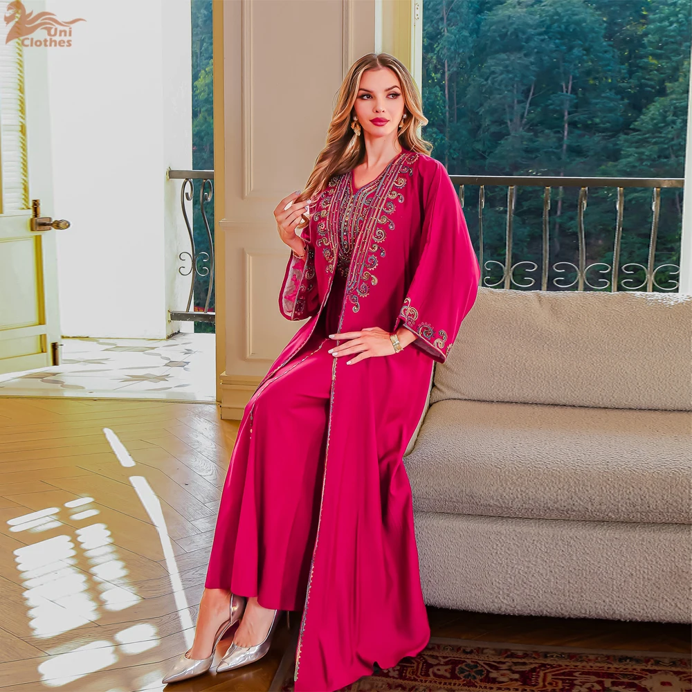 Eid Ramadan Dubai Set da 2 pezzi Abaya ricamato con abito interno Caftano musulmano per donna Abbigliamento da festa islamico