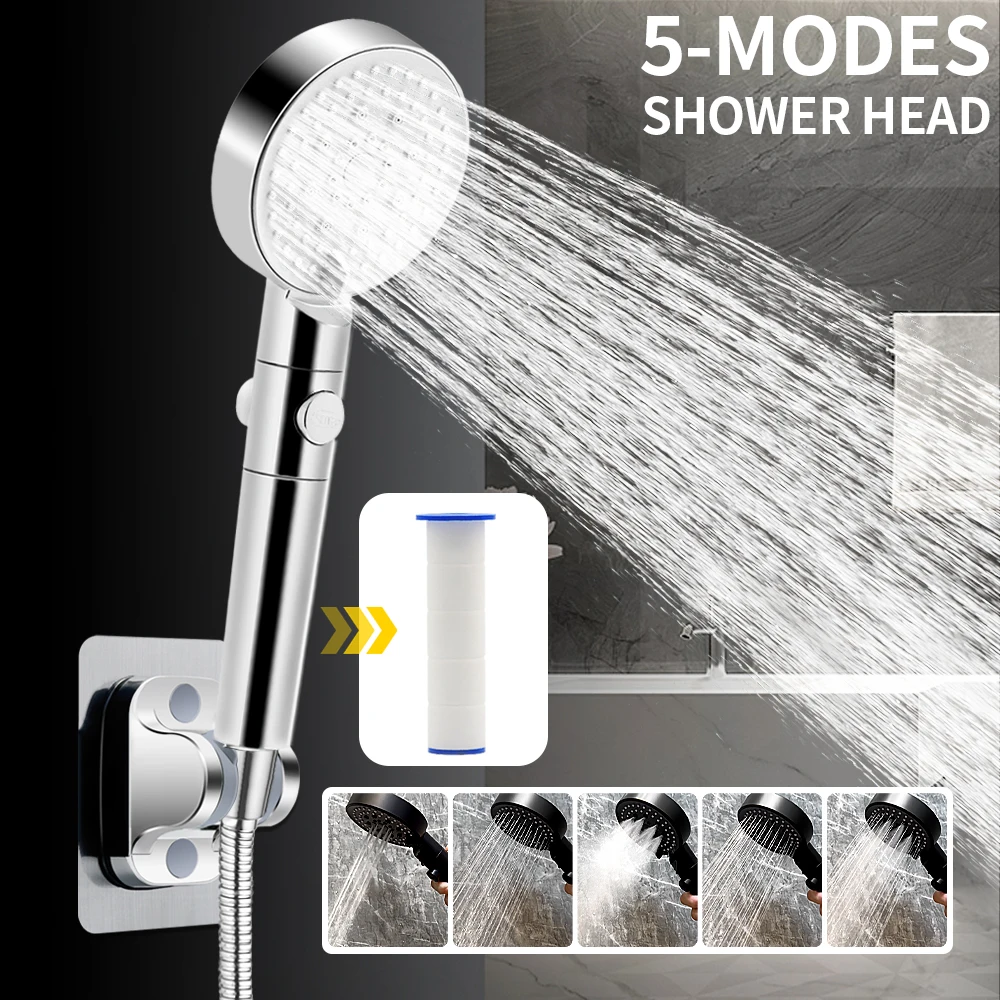 5 Modes Adjustable High Pressure  Water Saving Shower Head With filter One-key Stop Water  Explosion-proof and Fall-Proof