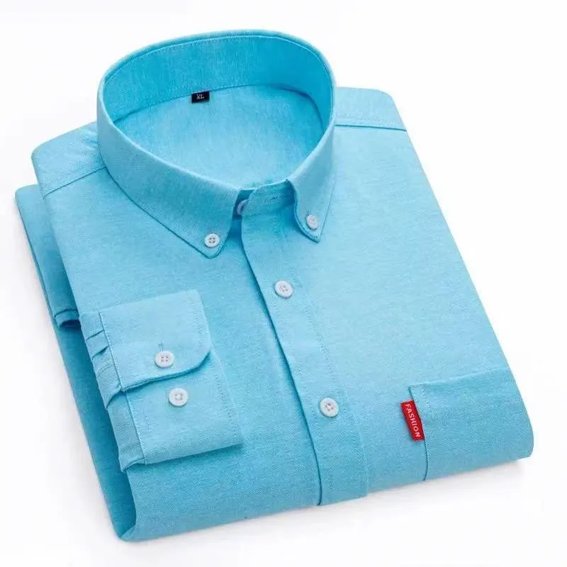 New Men's Oxford Shirts 100% Cotton Button Down Long Sleeve Casual Solid Color Single Pocket Slim Fit Office Daily Wear Multiple