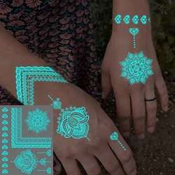 Blue Luminous Glow Hand Henna Waterproof Temporary Tattoo Sticker Mandala Lace Flower Flash Tato Women Men Body Art Fake Tattoos