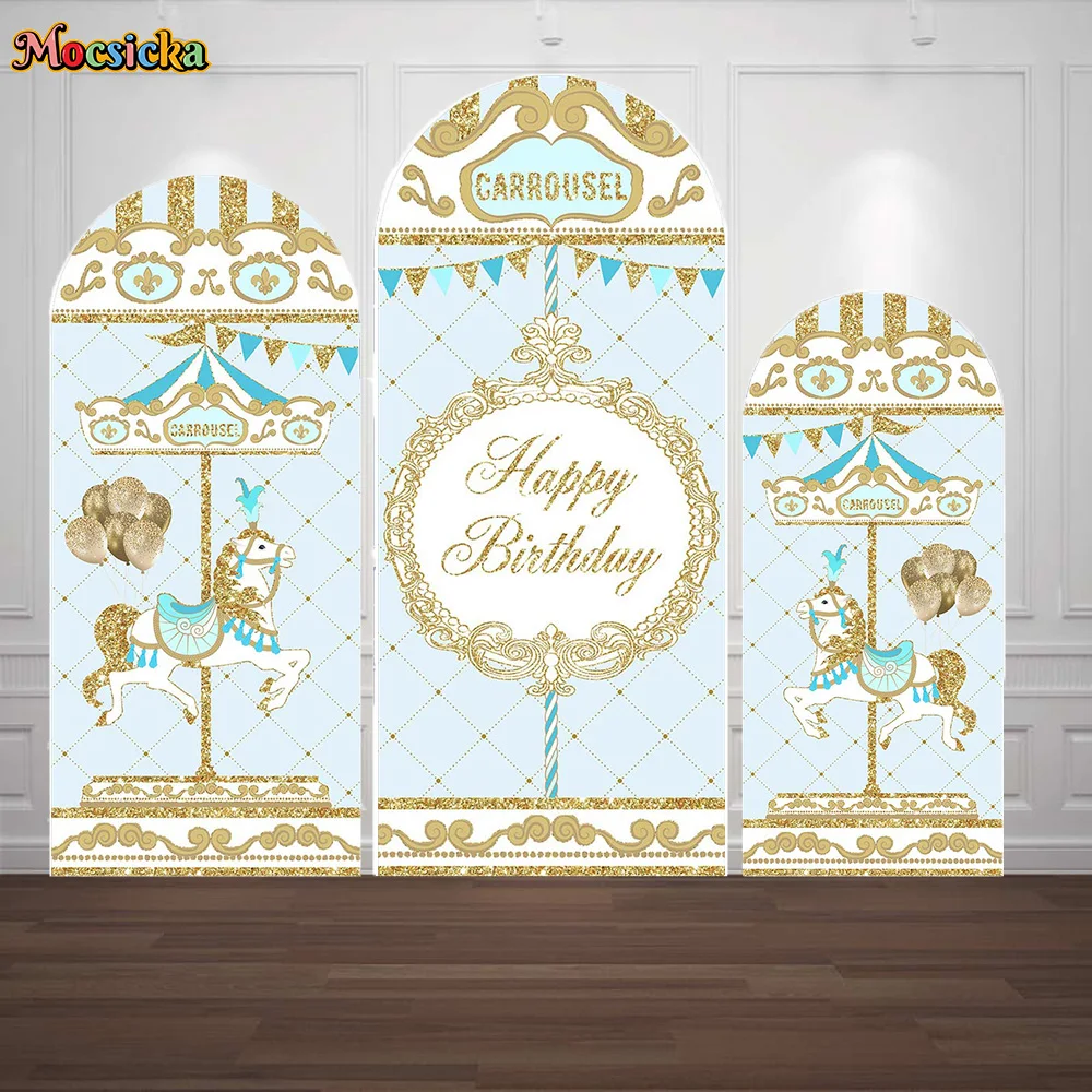 Dreamy Carousel Background Double-sided Arch Customized Boy Girls Birthday Party Backdrop Decor Gold Shiny Balloon Photobooth